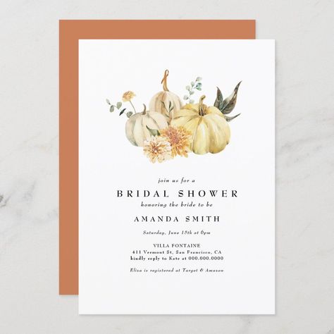 Autumn Pumpkin Floral Orange Bridal Shower - Popular Zazzle Product! Best choice, tags : #invitations, #tshirt, #card, #InvitationsCard, #legging, #trending, #holiday Green Pumpkins, Fall In Love Bridal Shower, Watercolor Bridal Shower Invitations, Fall Bridal Shower Invites, Pumpkin Invitation, Autumn Bridal, Fall Baby Shower Invites, Rustic Bridal Shower Invitations, Gold Pumpkins