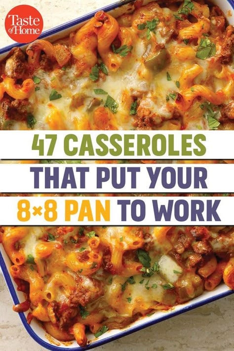 Casseroles For 8x8 Pan, Recipes For 8x8 Pan, Easy Work Dinners, Baking Pan Dinners, Easy Recipes For 2 Dinner, 8x8 Pan Dinner Recipes, 8x8 Freezer Meals, Main Dish Recipes For Two, 9 X 9 Pan Recipes