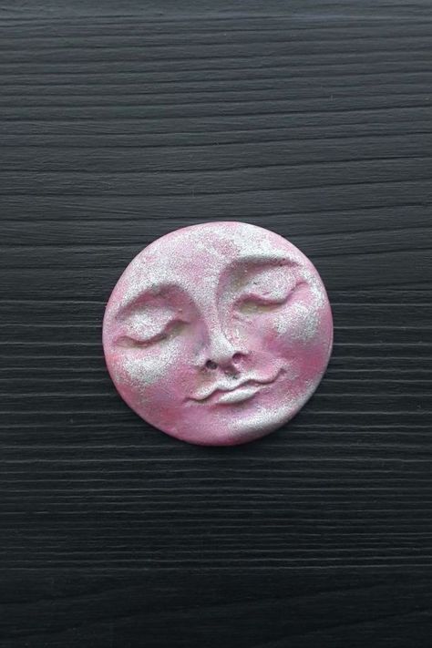 OOAK moon cabochon / flat head / mask / face. Craft supply for jewelry making, assemblage, altered art, art dolls, mosaics, mixed-media, collage and etc. #Moon #Moonface #Cabochonsupply #Supplyhandmade #Artdollheads #Flathead #Focalpink Face Ornaments, Moon Faces, Head Mask, Clay Faces, Moon Face, Mask Face, Flat Head, Metal Clay, Craft Supply