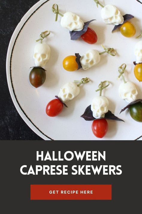 Halloween Antipasto Skewers, Skull Caprese Skewers, Skeleton Caprese Salad, Halloween Cheese Platter Ideas, Halloween Skewers Ideas, Halloween Canapes Ideas, Spooky Caprese Salad, Halloween Party Orderves, Halloween Caprese Skewers