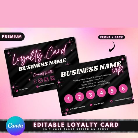 with this premium template! EDIT YOUR LOYALTY CARDS on CANVA on your PC or mobile device. Canva is a FREE web-based design platform that is super simple, easy to use, and FUN Loyalty Cards Ideas Beauty Salons, Loyalty Cards Lashes, Loyalty Business Cards, Lash Tech Loyalty Card, Loyalty Punch Card, Loyalty Card Design, Hair Business Cards, Loyalty Cards, Loyalty Card