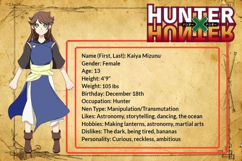 Kaiya Mizunu - HxH OC by TannaCat on DeviantArt Hxh Oc Base, Hxh Oc Girl, Nen Abilities, Abilities Ideas, Hunter X Hunter Oc, Hxh Oc, Anime Face Claims, Hunter Name, Jump Force