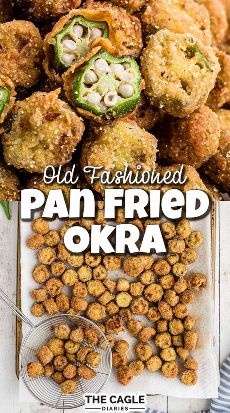 Old Fashioned Pan Fried Okra Easy Fried Okra With Flour, Pan Fried Okra, Cajun Popcorn, Oven Fried Okra, Fried Okra Recipe, Southern Fried Okra, Ranch Recipes, Howling Coyote, Okra Fries