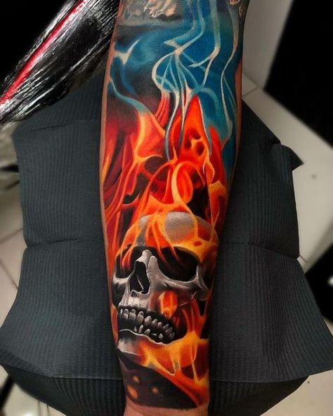 Fire and skull tattoo sleeve Realistic Fire Tattoo, Fire Sleeve Tattoo, Skull Color Tattoo, Procreate Realism, Skull Tattoo Sleeve, Unique Hand Tattoos, Irl References, Girly Tattoo, Flame Tattoo