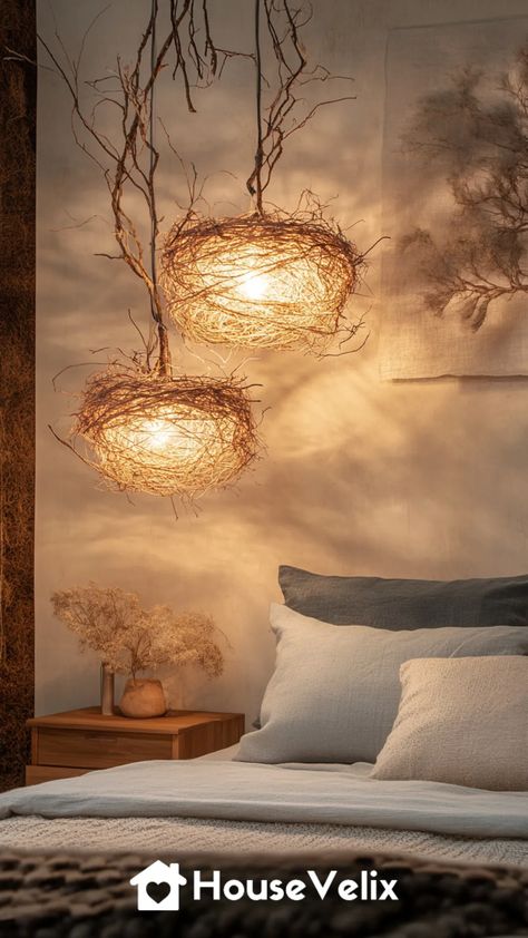 Bird Nest Chandelier, Hanging Corner Light, Lighted Branches Decor, Shadow Chandelier, Nature Lamp, Forest Themed Bedroom, Natural Chandeliers, Themed Bedroom Ideas, Understory Plants