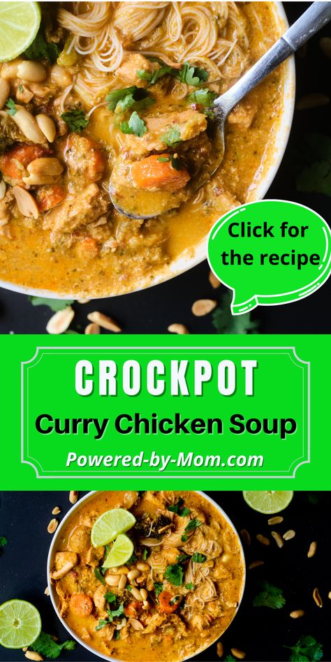 This slow cooker Thai Curry Chicken Soup is packed full of flavour, will fill your belly and warm you up from head to toe. The combination of the curry paste, coconut milk, lime juice, ginger and cilantro make for one delicious soup, your tastebuds will thank you. Make sure to check out this recipe now! Crockpot Thai Chicken Curry, Crockpot Thai Chicken, Slow Cooker Thai Curry, Thai Chicken Curry Soup, Crockpot Thai, Curry Chicken Soup, Thai Curry Chicken, Crock Pot Curry, Slow Cooker Thai