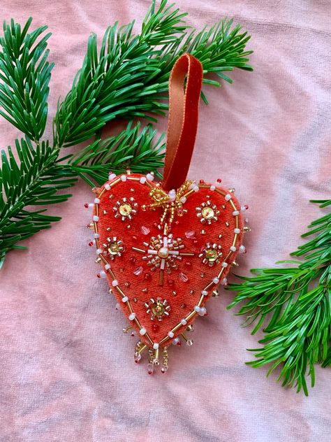 Embroidered Ornament | Shop Archive Flag Diy Projects, Millie Amber, Velvet Ornaments, Velvet Hearts, Embroidery Ornaments, Heart Christmas Ornaments, Clothes Embroidery Diy, Embroidered Brooch, Homemade Christmas Decorations