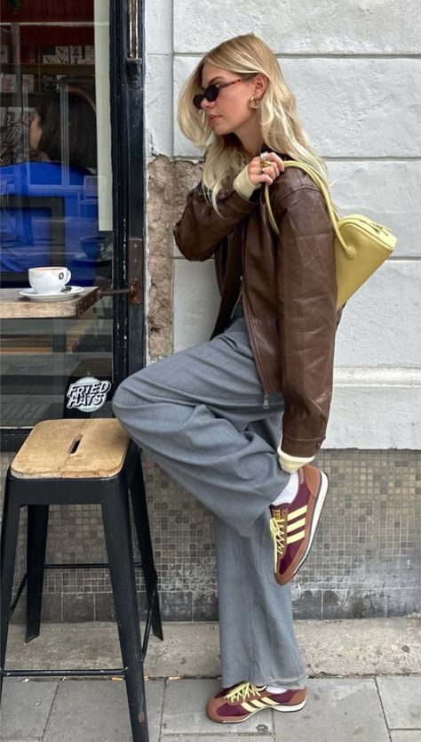 Wide Slacks Outfit, Adidas Sl72 Outfit Women, Brown Fall Jeans With Belt Loops, Brown Leather Jacket Womens Outfit, Brown Moto Boots For Winter Streetwear, Tan Slacks Outfit Women, Brown Leather Jacket Outfit Winter, Brown Leather Pants Street Style, Adidas Sl 72 Woman Outfit