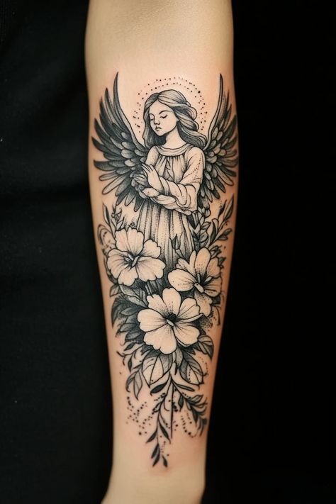 angel 56 Flowers And Angel Wings Tattoo, Angel And Flowers Tattoo, Guardian Angel Tattoo For Women, Angel Tattoo For Women, Guardian Angel Tattoo, Angel Tattoo Designs, Spiritual Tattoos, Flowers Tattoo, Angel Tattoo