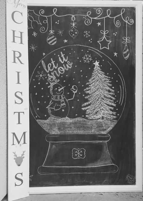 Winter Chalkboard Art Ideas, Snow Globe Chalkboard Art, Snowman Chalkboard Art, Let It Snow Chalkboard Art, Let It Snow Chalk Sign, Christmas Snow Window Art, Window Snow Art, Winter Chalkboard Ideas, Chalkboard Art Diy