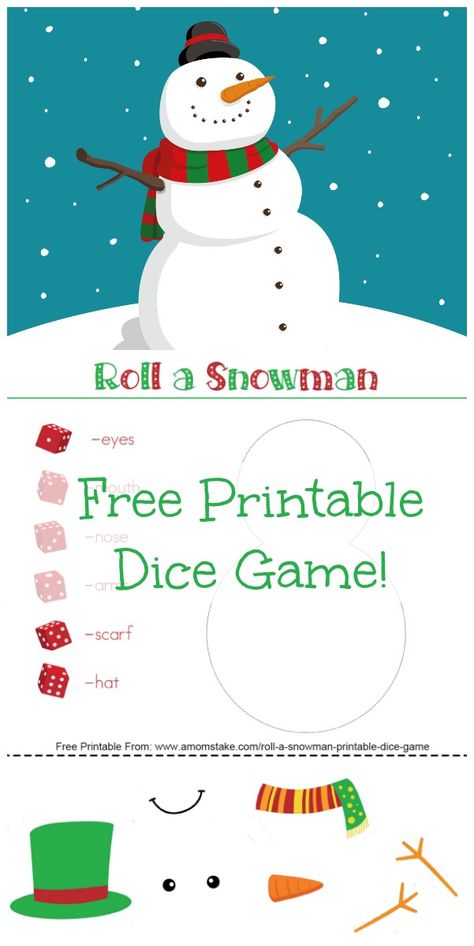 Roll a Snowman Printable Dice Game - A super fun winter activity for kids and families! You always need clean and cheap kids activities when you're stuck indoor! via @amomstake Roll A Santa Dice Game, Christmas Dice Games, Roll A Snowman, Winter Activity For Kids, Snowman Printable, Snowman Games, School Christmas Party, Snow Party, Snowman Party