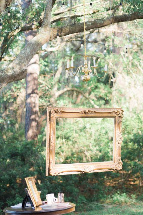 Picture Frame Hanging From Tree, Wedding Picture Frame Photo Booth, Large Frame Wedding Decor, Frames Hanging From Tree Wedding, Hanging Picture Frames Wedding, Backyard Wedding Photo Booth, Hanging Frame Photo Booth, Wedding Photo Booth Set Up, Hanging Photos Wedding