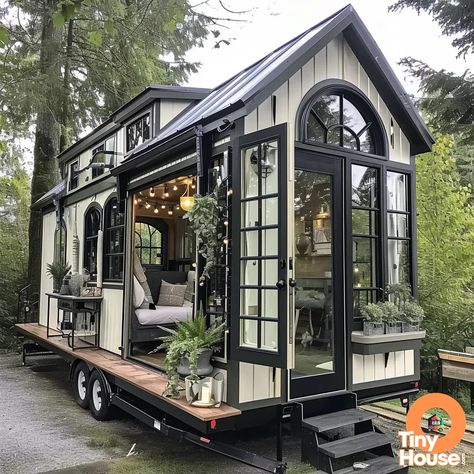 40 Stylish Barnhouse Decor Tiny Home With Sunroom, French Style Tiny House, French Tiny House, Small Tiny House On Wheels, Glass Tiny House, French Style Cottage, Gothic Tiny House, U Shaped Kitchen Island, Shaped Kitchen Island