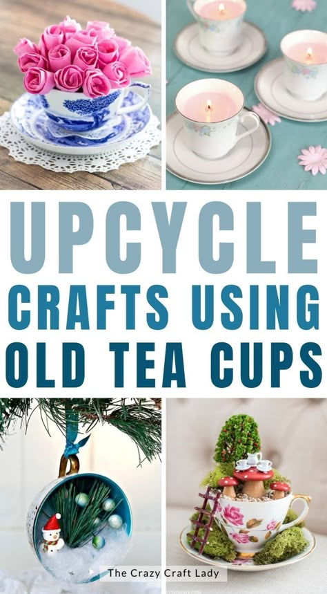 Whether you have old chipped teacups or thrift store finds to make use of, get crafty with these inspiring ways to upcycle old tea cups. Vintage Craft Ideas Diy Projects, Teacup Art Project, Tea Cup Ornaments Diy, Yea Cup Crafts, Teacup Ornaments Diy, Cup And Saucer Crafts Ideas Creative, Diy Tea Cup Crafts, Cups And Saucers Crafts Ideas, Tea Cup Repurpose