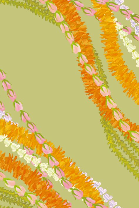 Diagonal print of Pakalana, Ilima, Crown Flower and Lokelani lei. All in my collection of lei set at a diagonal in fabric, wallpaper and home goods. 😃 Hawaiian Lei Wallpaper, Polynesian Wallpaper Iphone, Hawaiian Flower Pattern, Hawaii Print Pattern, Hawaiian Flower Lei Drawing, Flower Lei Drawing, Puakenikeni Drawing, Hawaiian Lei Tattoo, Hawaiian Flowers Aesthetic