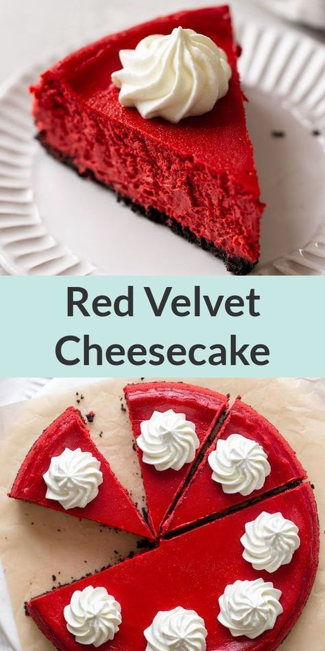 You've got to try this red velvet cheesecake from Live Well Bake Often! It's got an Oreo cookie crust and a super creamy filling. Enjoy it as it is or add some homemade whipped cream on top! This dessert is so tasty that everyone will be asking for the recipe. Perfect for Valentine's Day, it's bound to become your most requested treat! How To Make Red Velvet Cheesecake, Red Cheesecake Velvet, Cheesecake Recipes Red Velvet, Valentine Cheesecake Recipes, Cheesecake Recipes Valentines Day, Valentines Day Cheesecake Ideas, Valentine’s Cheesecake, Valentine's Day Cheesecake, Valentines Cheesecake Recipes