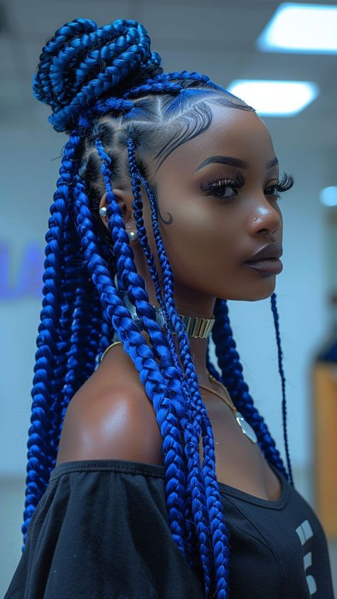 25 Revolutionizing Knotless Braid Color Innovations Jumbo Box Braids With Color, Blue Hairstyles For Black Women, Different Color Knotless Braids, Blue Goddess Braids, Blue Braids For Black Women, Box Braids Blue, Blue Hair Braids, Blue Knotless Braids, Braids Color Ideas