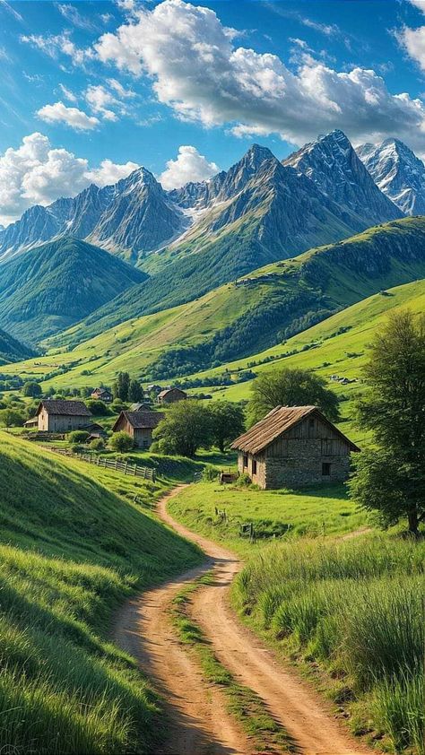 Valleys And Mountains, Nature Hills Wallpaper, Beautiful Mountains Wallpaper, Grass Mountain, Beautiful Nature Photography, Relaxing View, Mountain Clouds, Mountains In The Distance, Rustic Houses