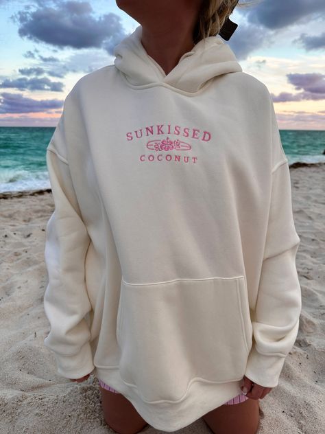 Ivory and Hibiscus Pink Sunkissedcoconut Logo Embroider Hoodie Cute Beach Sweatshirts, Cute Summer Hoodies, Aesthetic Hoodies For Women, Cute Trendy Hoodies, Sunkissed Coconut Hoodie, Cute Softy Outfits, Hoodies Womens Aesthetic, Sunkissed Coconut Sweatshirt, Trendy Sweatshirts Hoodie