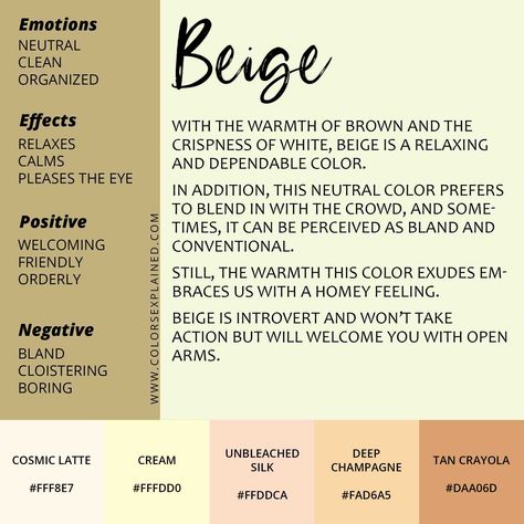 Meaning of the Color Beige And Its Symbolism (2023) • Colors Explained Beige Meaning, What Do Colors Mean, Vibrant Academia, 2024 Colors, Color Therapy Healing, Colour Psychology, Color Symbolism, Colors And Emotions, 6th Grade Ela