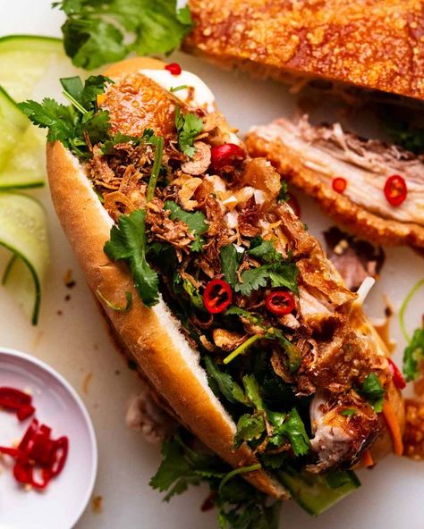 Crispy pork belly banh mi Banh Mi Recipe, Pork Belly Recipes Crispy, Pickled Carrots, Crispy Pork Belly, Pork Belly Recipes, Recipe Tin, Recipetin Eats, Crispy Pork, Banh Mi