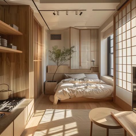 Interior House Lighting Ideas, 4x4 Bedroom Layout, Asian Minimalist Bedroom, Micro Bedroom Design, Japandi Tiny Apartment, Japandi Interiors Small Apartment, Japandi Room Design, Japandi Interior Bedroom, Japandi Studio Apartment