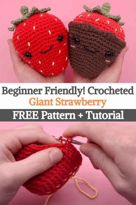 10 Cutest Crochet Strawberry Patterns Crochet Food With Faces, Crochet Giant Strawberry, Crochet Strawberries Pattern Free, Easy Crochet Strawberry, Strawberry Plushie Crochet Pattern, Large Strawberry Crochet Pattern, Diy Crochet Animals Easy, Black Yarn Amigurumi, Crocheted Strawberry Pattern