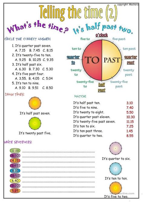 Here is a useful worksheet for practicing telling the time in English. Telling Time In English, Telling Time Practice, Telling Time Worksheets, English Time, English Worksheet, Time Worksheets, Teaching Time, Learning Time, English Lessons For Kids