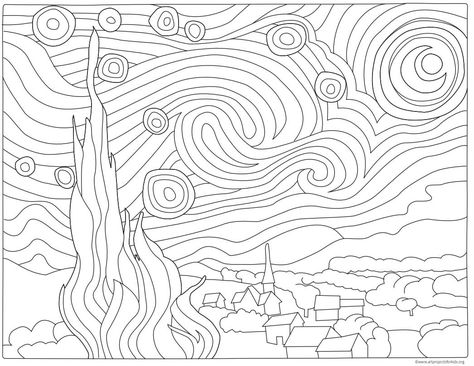 Starry Night Coloring Page, Starry Night Printable, Famous Art Coloring, Van Gogh Coloring, Miro Artist, Artist Monet, Collaborative Mural, Artist Van Gogh, Sunflower Coloring Pages