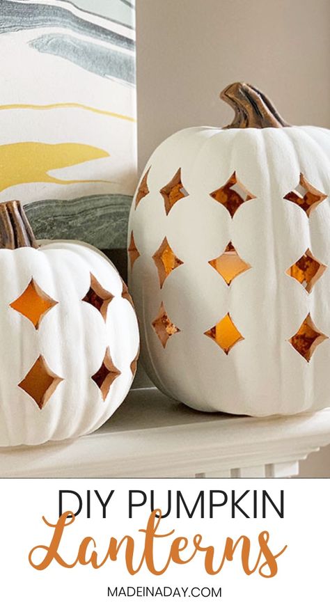 Shimmering Boho Pumpkin Luminaries, pumpkin lanterns, pumpkin Jack O'Lantern, faux ceramic pumpkin, filigree pumpkin, lighted pumpkin, carve a faux pumpkin, how to carve foam pumpkins, white pumpkin lantern, faux clay pumpkin luminary, #pumpkin #fallpumpkin #whitepumpkin #falldecor #fall #lantern #jackolantern #luminary #pumpkincarving #faux #boho #bohemian #modernboho #modernbohemian Pumpkin Lanterns, Faux Ceramic, Boho Pumpkin, Diy Confetti, Pumpkin Lantern, Pumpkin Topiary, Ceramic Pumpkin, Foam Pumpkins, Deco Nature