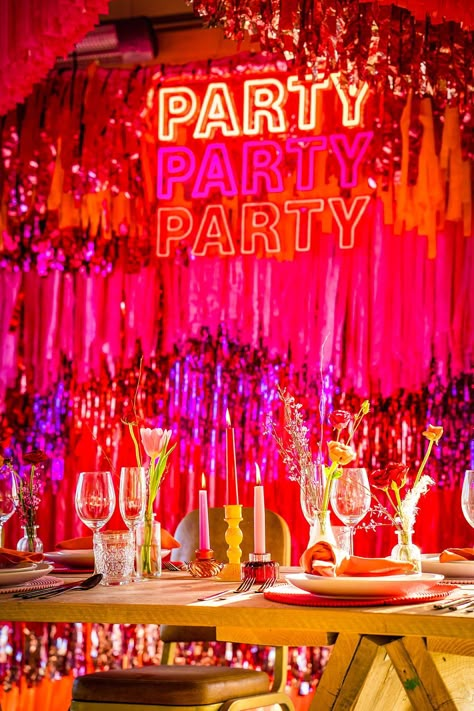 Pink And Orange Disco Aesthetic, Electric Love Wedding, Colourful Hens Party, Tropical Disco Party, Disco Wedding Decor, Tropical Disco Wedding, Summer Night Wedding, Pink Disco Party, Las Vegas Pool Party