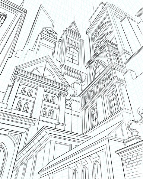 Here is another one that I am working on in a 3 Point Perpsective. I love drawing these types of scenes! Check out my blog for written tutorials, tips, and tricks! -Robert 3 Points Perspective, Three Point Perspective Drawing, 3 Point Perspective Drawing, 3 Point Perspective, Three Point Perspective, City Background, Point Perspective, Perspective Drawing, Christmas Postcard