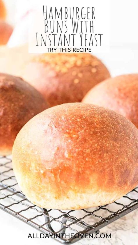 Burger buns with instant yeast on a baking tray or stacked Hamburger Bread Recipe Burger Buns, Instant Yeast Bun Recipe, Sweet Hamburger Buns, Instant Yeast Buns, Fast Hamburger Buns, Burger Rolls Recipe, Small Batch Burger Buns, Onion Buns Homemade, No Yeast Hamburger Buns