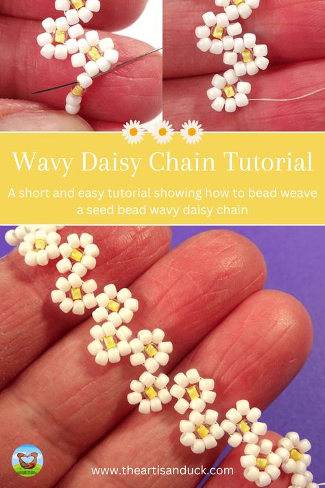 How To Bead Weave A Wavy Daisy Chain – An Easy Seed Bead Tutorial – The Artisan Duck Chain Of Flowers, Seed Bead Crafts, Seed Bead Flowers, Bead Weaving Tutorials, Daisy Jewelry, Beaded Earrings Tutorials, Beading Crafts, Making Bracelets, Beaded Jewlery