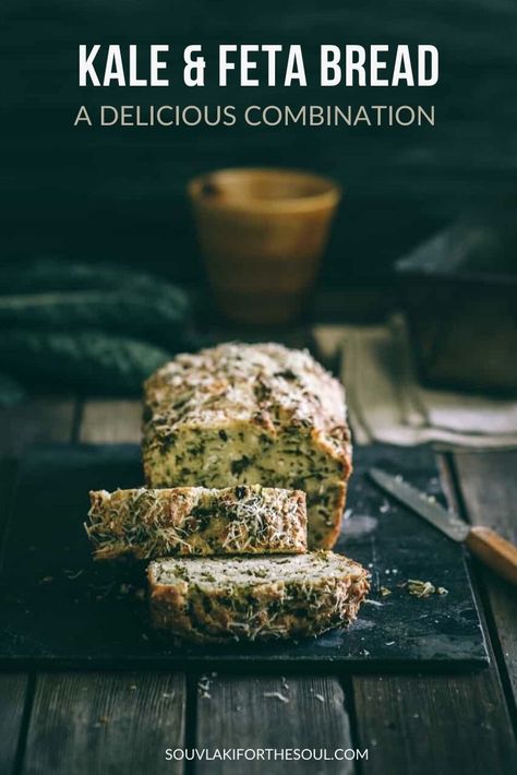 Kale and feta cometogether in this delcious kale and feta bread.  It's perfect for brunch.  Full recipe and instructions on my blog. Feta Bread, Greek Vegetarian, Kale Feta, Greek Cheese, Parmesan Bread, Nutritious Snacks, Zucchini Bread, Baking Tins, Tasty Recipes