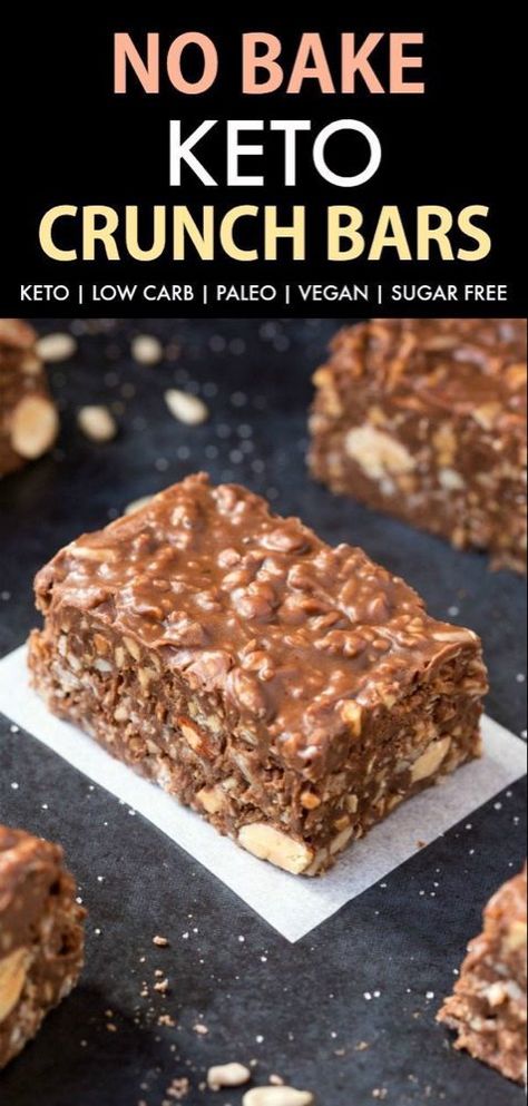 Homemade No Bake Keto Chocolate Crunch Bars (Paleo, Vegan, Sugar Free, Low Carb)- An easy recipe for copycat crunch bars with a ketosis and sugar-free makeover! The ultimate ketogenic dessert recipe ready in 5 minutes!  | Healthy Desserts Recipes | Sugar Free Desserts #ketogenicdessert #ketodessert #lowcarb #sugarfree #paleo | Recipe on thebigmansworld.com Chocolate Crunch Bars, Keto Quiche, Crunch Bars, Low Carb Brownies, Ketogenic Desserts, Desserts Keto, Breakfast Low Carb, Postre Keto, Nut Free Recipes