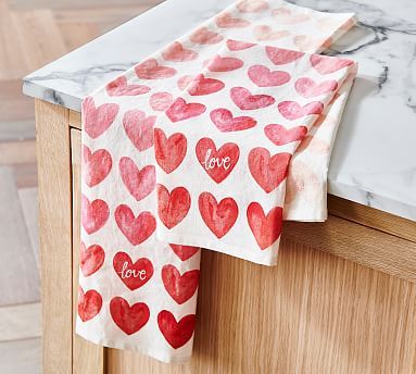 Watercolor Heart Cotton Tea Towels - Set of 2 | Pottery Barn Valentine Table Decorations, Diy Valentine's Day Decorations, Watercolor Heart, Tea Towel Set, Cloth Napkin, Celebrate Love, Cotton Tea Towels, Pottery Barn Teen, Valentine's Day Diy