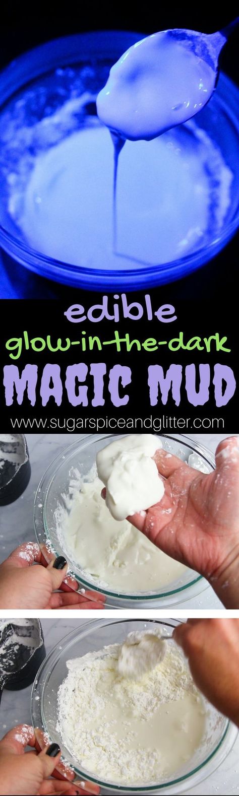 This Edible Glow-in-the-Dark Oobleck is a fun sensory activity for kids who are getting over a fear of the dark! For years, every time I tried to provide Miss G with a glow-in-the-dark toy or activity she would freak out and leave me sitting in the dark, alone. No matter how fun or inviting the � Experiments Preschool, Mud Recipe, Sitting In The Dark, Edible Slime Recipe, Magic Mud, Sensory Dough, Edible Slime, Sensory Activities Toddlers, Fear Of The Dark