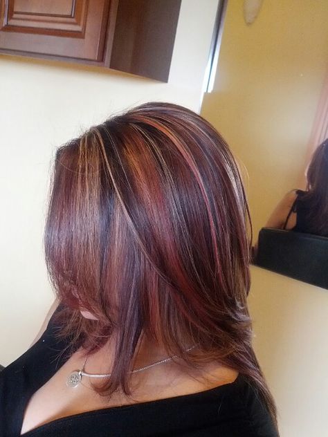 My new do!! Multi Dimensional Red Hair, Chunky Red Highlights On Dark Hair, Purple Hair With Blonde Highlights, Multi Color Hair Ideas, Tri Color Hair, Skunk Highlights, Tricolor Hair, 2024 Brown, Black With Blonde Highlights