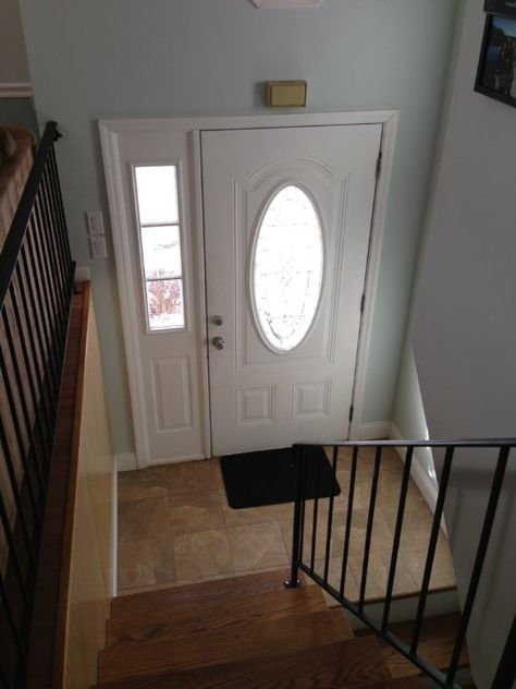 Entry - Just Call Me Homegirl Bilevel Entryway, Stair Treatments, Raised Ranch Entryway, Split Foyer Entry, Above Door Decor, Split Foyer Remodel, Decorating Stairway Walls, Split Entry Remodel, Entry Makeover