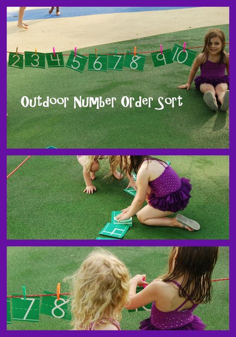 Outdoor Number Order Sorting for Preschool - Come Play!:) Large Group Number Activities Preschool, Numeracy Activities Preschool Outdoor, Outdoor Math Activities Kindergarten, Outdoor Number Activities Eyfs, Outdoor Math Kindergarten, Number Games For Preschool, Numeracy Outdoors Early Years, Number Games Preschool, Outdoor Maths