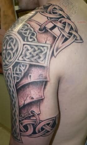 brenard tattoo idea! -the armor and the way it is connected to the existing arm band. No cross. Armor Tatoos, Celtic Armor Tattoo, Celtic Armor, Men Armor, Cross Shoulder Tattoos, Armour Tattoo, Mike Leach, Shoulder Armor Tattoo, Celtic Tattoo Designs