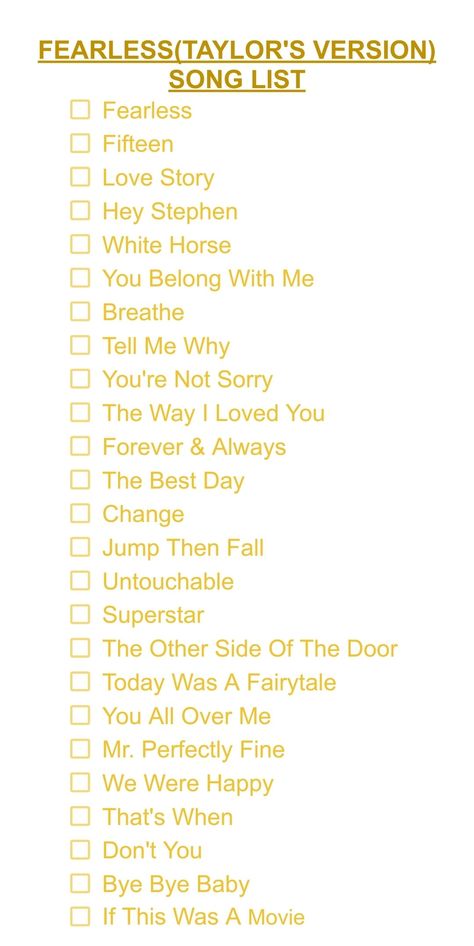 taylor swift fearless album song list Taylor Swift Fearless Songs List, Taylor Swift Eras Tour Songs List, Fearless Taylor Swift Song List, Taylor Swift Album Songs List, Taylor Swift Album Song List, List Of All Taylor Swift Songs, Taylor Swift Song Checklist, Taylor Swift Eras Tour Song List, List Of Taylor Swift Songs