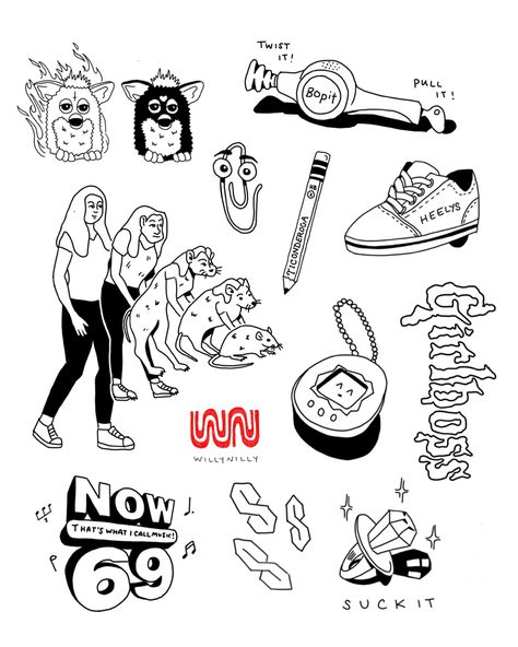 Icons of the early 2000s. Check out willynillytats on insta for more <3 Iconic Movie Tattoos, Nostalgia 2000s Tattoo, 2000 Cartoon Tattoo Ideas, Early 2000s Aesthetic Tattoo, 2000s Theme Tattoo, 1990s Tattoo Ideas, Tattoos Childhood, 00s Tattoo, Nostalgic Tattoos 2000s