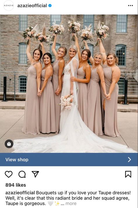 Wedding Taupe And Greenery, Azazie Taupe Bridesmaid, Taupe Azazie Bridesmaid Dresses, Azazie Taupe Bridesmaid Dresses, Spring Bridal Party Colors, Taupe Wedding Theme, Taupe Bridal Party, Azazie Taupe, June Wedding Colors