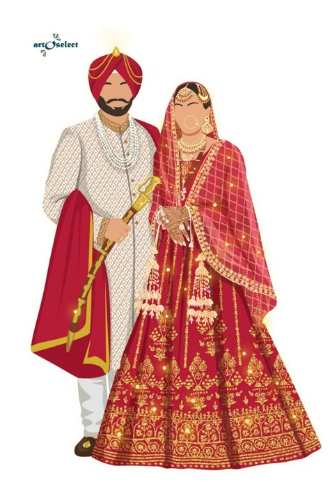 wedding art Sikh Wedding Invitations Cards, Cartoon Wedding Invitations, Wedding Illustration Card, Couple Illustration Wedding, Bride And Groom Cartoon, Wedding Couple Cartoon, Digital Wedding Invitations Design, Punjabi Wedding Couple, Wedding Card Design Indian