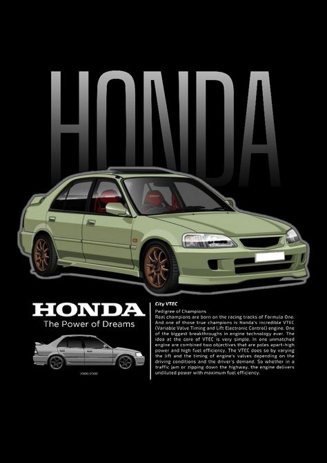 Car poster made on canva Bike Garage, Car Poster, Honda City, Car Posters, Fuel Efficient, Race Track, Formula One, Higher Power, Car Design