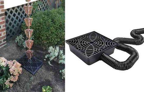 Rain Chain Drainage Ideas: Basins, Barrels, French Drains & More | RoofScour Rain Chain Catch Basin Ideas, Rain Chain Drainage Ideas, Rain Chain Basin Ideas, Rain Chain Drainage, Rain Gutters Drainage Ideas, French Drain Ideas, Rain Chain Ideas, Drainage Ideas, Gutter Drainage