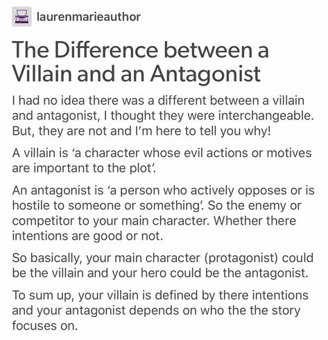 Villain vs Antagonist ~ Voldemort is the villain, Draco Malfoy is the antagonist. Writer Tips, Creative Writing Tips, Past Lives, Writing Characters, Book Writing Tips, Writing Resources, Writing Words, Writers Block, Writing Advice