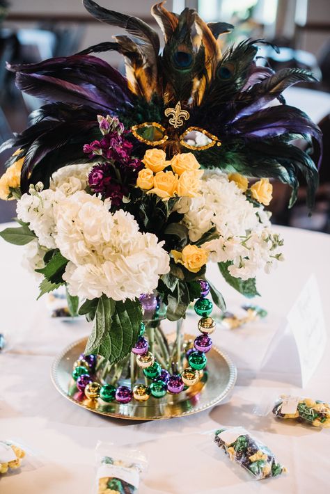 Mardi Gras Dress Ball, Mardi Gras Floral Centerpieces, Mardi Gras Arrangements, Muted Mardi Gras Decor, Mardi Gras Wedding Reception, Mardi Gras Ball Dress, Elegant Mardi Gras Tablescape, Elegant Mardi Gras Party, Mardi Gras Centerpieces Elegant